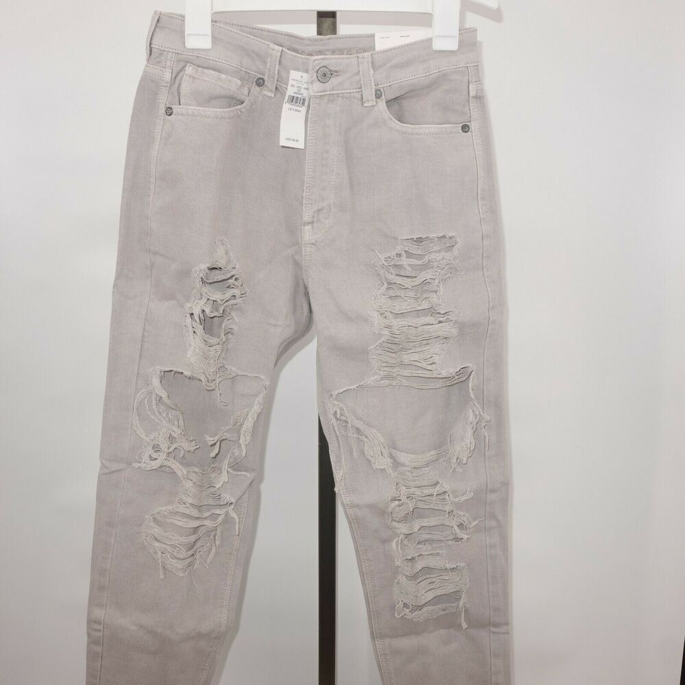 NEW American Eagle High Rise Mom Jeans Ripped Distressed Gray 6 Short - Picture 2 of 12